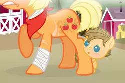 Size: 1022x679 | Tagged: safe, artist:superrosey16, derpibooru import, applejack, oc, oc:johnny appleseed, pony, baby, baby pony, bandage, clothes, female, male, mama bear, mother and son, offspring, parent:applejack, parent:caramel, parents:carajack, scar, scarf, watermark