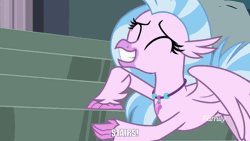 Size: 902x508 | Tagged: animated, caption, classical hippogriff, cute, derpibooru import, diastreamies, edit, edited screencap, hippogriff, jewelry, meme, necklace, rubbing, safe, school daze, screencap, silverstream, solo, stairs, stair worship, that hippogriff sure does love stairs