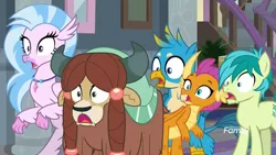 Size: 1920x1080 | Tagged: safe, derpibooru import, screencap, gallus, sandbar, silverstream, smolder, yona, classical hippogriff, dragon, earth pony, gryphon, hippogriff, pony, yak, school daze, female, jewelry, male, necklace, open mouth, reaction image, shocked, stallion, surprised, wide eyes