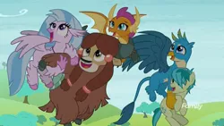 Size: 1920x1080 | Tagged: safe, derpibooru import, screencap, gallus, sandbar, silverstream, smolder, yona, classical hippogriff, dragon, earth pony, gryphon, hippogriff, pony, yak, school daze, carrying, cloven hooves, discovery family logo, female, flying, jewelry, necklace, offscreen character