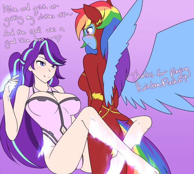 Size: 1280x1149 | Tagged: anthro, artist:jonfawkes, bodysuit, breasts, cleavage, clothes, cosplay, costume, derpibooru import, female, glimmerdash, human, humanized, lesbian, rainbow dash, series:nightmare war, smiling, starlight glimmer, suggestive, the flash