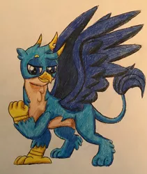 Size: 2435x2890 | Tagged: safe, artist:bozzerkazooers, derpibooru import, gallus, gryphon, school daze, season 8, high res, male, smiling, smirk, solo, traditional art