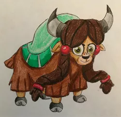 Size: 2692x2606 | Tagged: artist:bozzerkazooers, cloven hooves, colored pencil drawing, derpibooru import, female, high res, safe, school daze, season 8, simple background, solo, standing, traditional art, white background, yak, yona