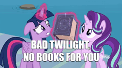 Size: 478x268 | Tagged: safe, derpibooru import, edit, edited screencap, screencap, starlight glimmer, twilight sparkle, twilight sparkle (alicorn), alicorn, pony, unicorn, school daze, animated, book, book abuse, discovery family logo, eea rulebook, fuck the police, fuck your rulebook, fuck your shit, meme, slap, spread wings, water, wingboner, wings