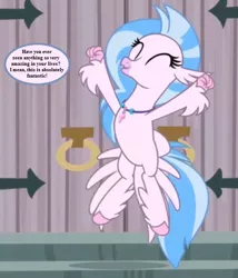 Size: 594x693 | Tagged: castle of the royal pony sisters, classical hippogriff, cropped, derpibooru import, diastreamies, edit, edited screencap, hippogriff, jewelry, necklace, reaction image, safe, school daze, screencap, silverstream, solo, text