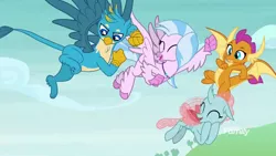 Size: 1920x1080 | Tagged: safe, derpibooru import, screencap, gallus, ocellus, silverstream, smolder, changedling, changeling, classical hippogriff, dragon, gryphon, hippogriff, school daze, claws, discovery family logo, dragoness, female, flying, jewelry, necklace, paws, quartet, smiling, toe beans