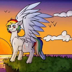 Size: 1024x1024 | Tagged: safe, artist:eggymy, deleted from derpibooru, derpibooru import, rainbow dash, bird, pegasus, pony, cloud, female, grass, looking at you, mare, pose, raised hoof, sky, solo, stars, sun, sunset