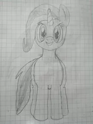 Size: 1944x2592 | Tagged: safe, artist:balticpagan, derpibooru import, trixie, pony, unicorn, female, graph paper, grayscale, lined paper, mare, monochrome, pencil drawing, simple background, solo, traditional art