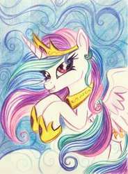 Size: 1843x2500 | Tagged: alicorn, artist:pedrohander, derpibooru import, princess celestia, rearing, safe, solo, traditional art