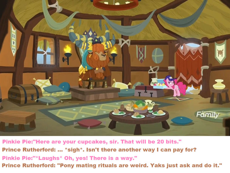Size: 1032x780 | Tagged: cupcake, derpibooru import, discovery family logo, edit, edited screencap, food, imminent sex, meme, pinkieford, pinkie pie, ponestrip, prince rutherford, questionable, roleplaying, school daze, screencap