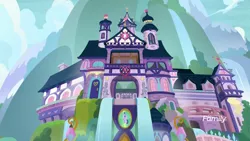 Size: 1920x1080 | Tagged: architecture, background, building, derpibooru import, discovery family logo, mountain, no pony, ponyville, safe, school daze, school of friendship, screencap, waterfall