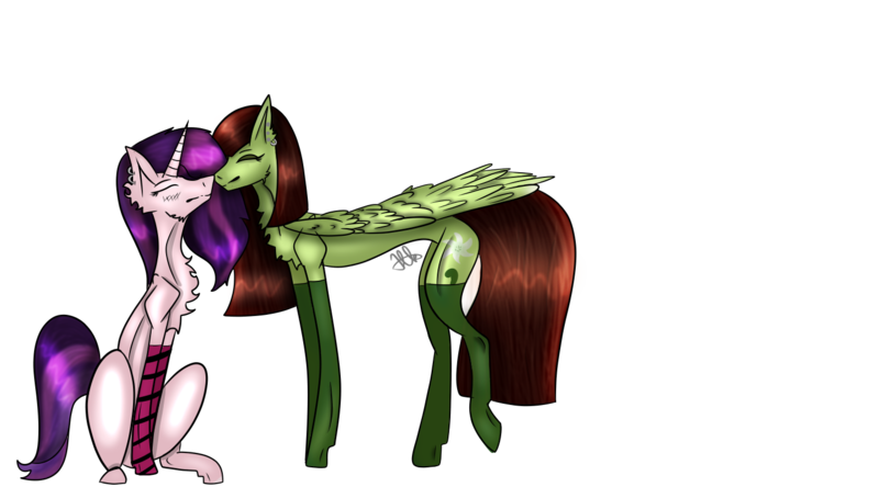 Size: 1440x800 | Tagged: safe, artist:tindracz, derpibooru import, oc, oc:evening glitter, oc:white lilly, unofficial characters only, pegasus, pony, unicorn, icey-verse, blushing, chest fluff, clothes, cute, ear piercing, earring, evening lilly, eyes closed, female, goth, jewelry, magical lesbian spawn, mare, nuzzling, oc x oc, offspring, offspring shipping, parent:applejack, parent:starlight glimmer, parent:strawberry sunrise, parent:sunset shimmer, parents:applerise, parents:shimmerglimmer, piercing, shipping, simple background, socks, stockings, striped socks, suo, tattoo, thigh highs, transparent background