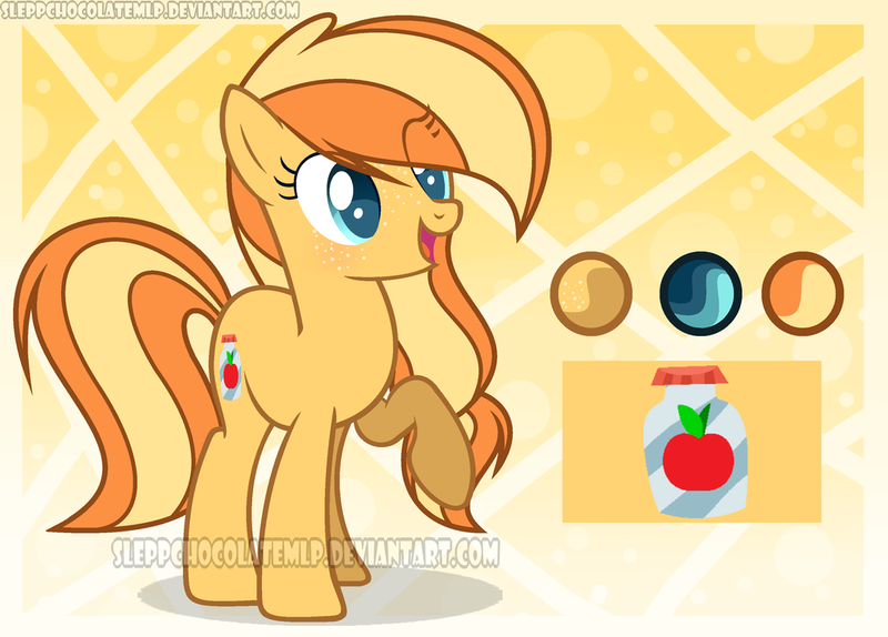 Size: 1024x735 | Tagged: safe, artist:sleppchocolatemlp, derpibooru import, oc, oc:sweet apple, earth pony, pony, female, mare, offspring, parent:applejack, parent:caramel, parents:carajack, raised hoof, reference sheet, solo