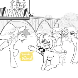 Size: 1500x1500 | Tagged: artist:cokesleeve, black and white, bridge, danny devito, derpibooru import, grayscale, it's always sunny in philadelphia, meme, monochrome, oc, oc:appy, oc:decay, oc:red ink, oc:schwoopy tail, semi-grimdark