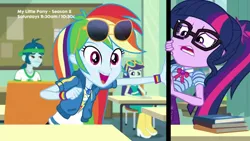 Size: 1280x720 | Tagged: safe, derpibooru import, screencap, blueberry cake, captain planet, rainbow dash, sci-twi, twilight sparkle, equestria girls, equestria girls series, the last day of school, fourth wall, geode of super speed, geode of telekinesis, magical geodes, sunglasses
