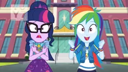 Size: 1920x1080 | Tagged: safe, derpibooru import, screencap, rainbow dash, sci-twi, twilight sparkle, equestria girls, equestria girls series, the last day of school, book, canterlot high, duo, geode of super speed, looking at you, magical geodes, school