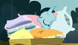 Size: 1396x802 | Tagged: bed bug, blanket, changedling, changeling, comfy, cuddly, cute, cuteling, daaaaaaaaaaaw, derpibooru import, diaocelles, eyes closed, female, ocellus, pillow, safe, school daze, screencap, sleeping, smiling, solo, that changeling sure does love pillows, wagon