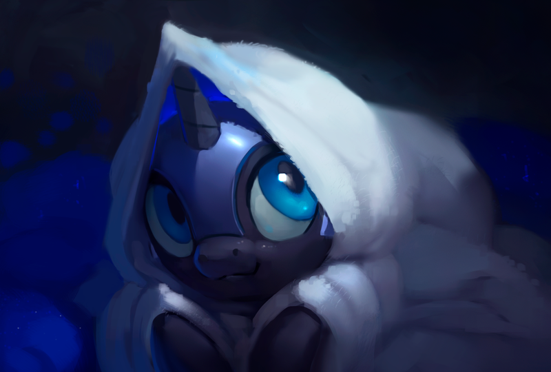 Size: 1200x810 | Tagged: safe, artist:rodrigues404, derpibooru import, nightmare moon, alicorn, pony, :3, abstract background, blanket, cute, female, filly, helmet, hiding, hnnng, looking up, moonabetes, nicemare moon, nightmare woon, rodrigues404 is trying to murder us, smiling, solo