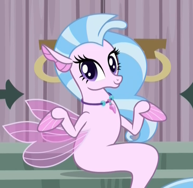 Size: 731x712 | Tagged: castle of the royal pony sisters, cropped, cute, derpibooru import, diastreamies, door, female, jewelry, looking at you, necklace, safe, school daze, screencap, seapony (g4), shrug, shrugpony, silverstream, sitting, solo, that hippogriff sure does love stairs