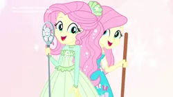 Size: 1280x720 | Tagged: safe, derpibooru import, screencap, fluttershy, equestria girls, equestria girls series, so much more to me, beautiful, broom, clothes, cute, dress, duality, microphone, self paradox, shyabetes