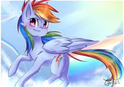 Size: 4092x2893 | Tagged: safe, artist:wolfchen999, derpibooru import, rainbow dash, pony, cloud, female, flying, mare, multicolored hair, smiling, solo, speedpaint available