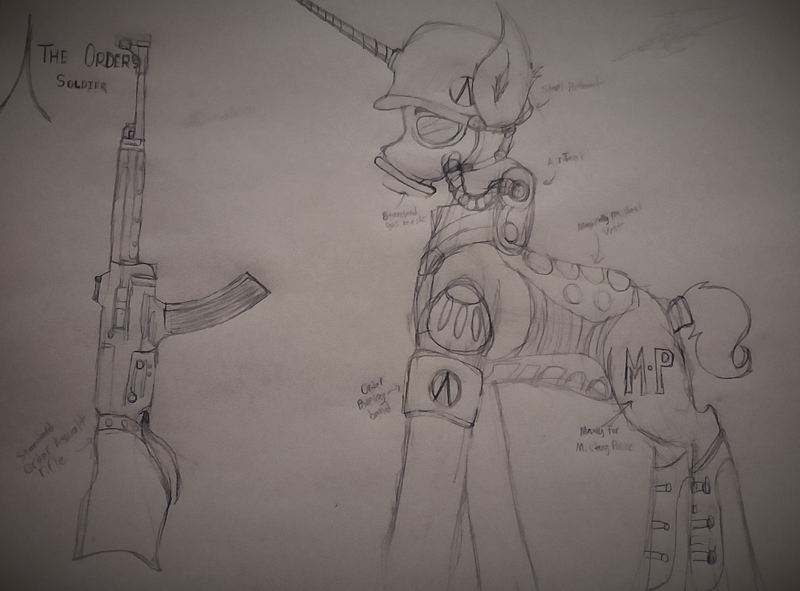 Size: 2246x1658 | Tagged: safe, artist:drawingwithapitoffriendship, derpibooru import, unicorn, alternate universe, assault rifle, gas mask, gun, mask, nazi armband, rifle, solo, stg 44, traditional art, weapon