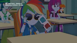 Size: 1280x720 | Tagged: safe, derpibooru import, screencap, captain planet, golden hazel, mystery mint, rainbow dash, equestria girls, equestria girls series, the last day of school, 3d glasses, background human, geode of super speed, glasses, magical geodes, sunglasses