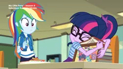 Size: 1280x720 | Tagged: safe, derpibooru import, screencap, rainbow dash, sci-twi, twilight sparkle, equestria girls, equestria girls series, the last day of school, :3, book, bookhorse, geode of super speed, magical geodes, that girl sure does love books, that pony sure does love books, x3