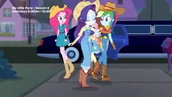 Size: 1366x768 | Tagged: safe, derpibooru import, screencap, pinkie pie, rainbow dash, rarity, equestria girls, equestria girls series, five to nine, clothes, cowgirl, cowgirl outfit, limousine, rarihick, shipping fuel