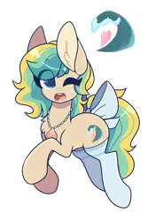 Size: 2000x3000 | Tagged: safe, artist:mimisaurusrex, derpibooru import, oc, oc:oceanside, unofficial characters only, adoptable, bow, clothes, cutie mark, female, freckles, jewelry, mare, necklace, one eye closed, raised hoof, seashell, seashell necklace, simple background, smiling, socks, solo, thigh highs, transparent background, wink