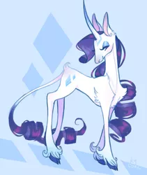 Size: 2697x3200 | Tagged: safe, artist:k9core, derpibooru import, rarity, classical unicorn, pony, unicorn, abstract background, butt fluff, chest fluff, cloven hooves, curved horn, cutie mark, ear fluff, eyeshadow, female, hoof fluff, horn, leonine tail, lidded eyes, looking at you, makeup, mare, no pupils, shoulder fluff, smiling, solo, unshorn fetlocks