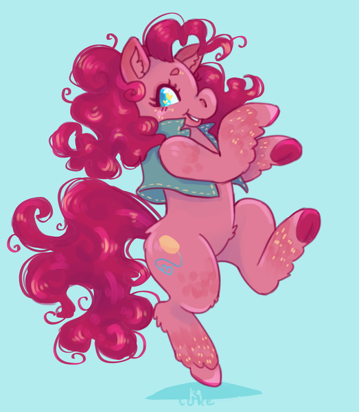 Size: 2600x2980 | Tagged: safe, artist:k9core, derpibooru import, pinkie pie, earth pony, pony, clothes, cutie mark, dancing, female, fluffy, simple background, smiling, solo, standing, standing on one leg, vest