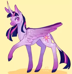 Size: 2593x2663 | Tagged: safe, artist:k9core, derpibooru import, twilight sparkle, twilight sparkle (alicorn), alicorn, pony, curved horn, cutie mark, female, horn, leonine tail, raised hoof, simple background, smiling, solo, wings, yellow background