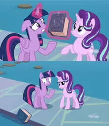 Size: 1620x1884 | Tagged: alicorn, book, book abuse, derpibooru import, discovery family logo, eea rulebook, safe, school daze, screencap, starlight glimmer, thug, twilight sparkle, twilight sparkle (alicorn)