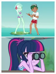Size: 3106x4096 | Tagged: safe, derpibooru import, edit, edited screencap, screencap, lyra heartstrings, sci-twi, timber spruce, twilight sparkle, equestria girls, equestria girls series, turf war, unsolved selfie mysteries, clothes, lifeguard timber, shipping denied, side chick, swimsuit
