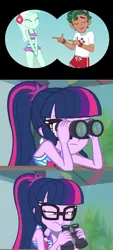 Size: 722x1600 | Tagged: safe, derpibooru import, lyra heartstrings, sci-twi, timber spruce, twilight sparkle, equestria girls, equestria girls series, turf war, unsolved selfie mysteries, binoculars, clothes, female, geode of telekinesis, implied shipping, jealous, lifeguard timber, magical geodes, male, romantic jealousy, shipping, side chick, straight, swimsuit, timbertwi, unhappy