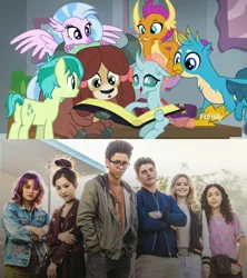 Size: 825x928 | Tagged: safe, derpibooru import, screencap, gallus, ocellus, sandbar, silverstream, smolder, yona, classical hippogriff, gryphon, hippogriff, school daze, book, comparison, nico minoru, student six, the runaways