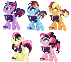 Size: 959x832 | Tagged: safe, artist:guzzlord, derpibooru import, applejack, fluttershy, pinkie pie, rainbow dash, twilight sparkle, twilight sparkle (alicorn), alicorn, earth pony, pegasus, pony, alternate hairstyle, clothes, dyed mane, eyeshadow, jacket, leather jacket, makeup, punk, raripunk, simple background, spiked wristband, tail bracelet, transparent background, wristband