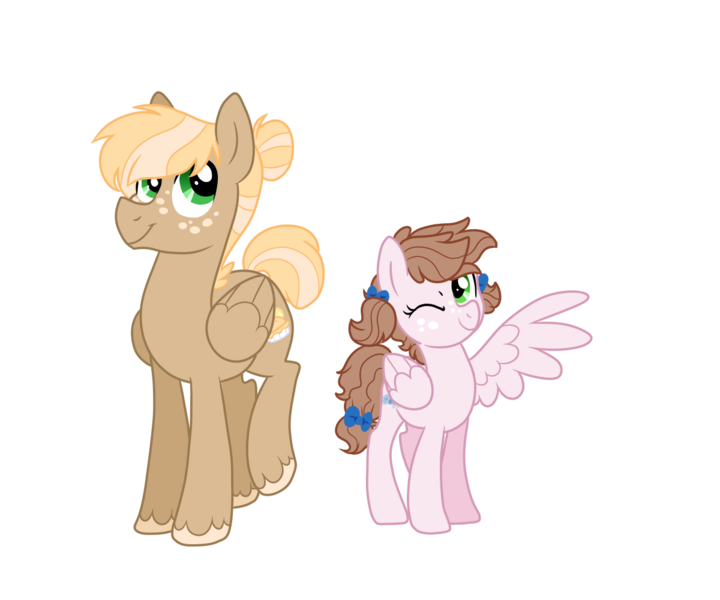 Size: 1200x1000 | Tagged: safe, artist:guzzlord, derpibooru import, oc, oc:buckingham, oc:wildflower, unofficial characters only, pegasus, pony, brother and sister, colt, duo, female, filly, foal, hair bun, male, next generation, offspring, one eye closed, parent:applejack, parent:soarin', parents:soarinjack, simple background, transparent background, wink