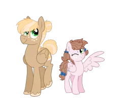 Size: 1200x1000 | Tagged: safe, artist:guzzlord, derpibooru import, oc, oc:buckingham, oc:wildflower, unofficial characters only, pegasus, pony, brother and sister, colt, duo, female, filly, foal, hair bun, male, next generation, offspring, one eye closed, parent:applejack, parent:soarin', parents:soarinjack, simple background, transparent background, wink