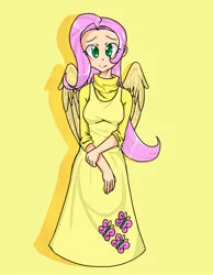 Size: 589x760 | Tagged: safe, artist:ohu1015, derpibooru import, fluttershy, human, pegasus, pony, clothes, dress, humanized, solo, winged humanization, wings