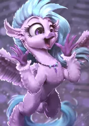 Size: 850x1200 | Tagged: artist:assasinmonkey, cheek fluff, chest fluff, classical hippogriff, cute, derpibooru import, diastreamies, ear fluff, female, fluffy, flying, happy, hippogriff, leg fluff, open mouth, safe, school daze, silverstream, smiling, solo, spread wings, that hippogriff sure does love stairs, wing fluff, wings