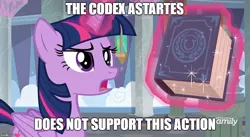 Size: 870x477 | Tagged: safe, derpibooru import, edit, edited screencap, screencap, twilight sparkle, twilight sparkle (alicorn), alicorn, pony, school daze, codex astartes, discovery family logo, eea rulebook, eea seal, female, frown, image macro, leandros, levitation, lidded eyes, magic, mare, meme, open mouth, solo, space marine, telekinesis, ultramarine, unsupported action, warhammer (game), warhammer 40k