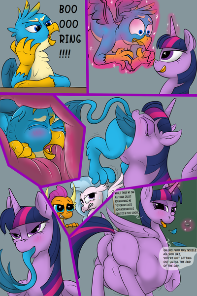 Size: 1320x1980 | Tagged: questionable, artist:malus22, derpibooru import, gallus, silverstream, smolder, twilight sparkle, twilight sparkle (alicorn), alicorn, classical hippogriff, gryphon, hippogriff, pony, school daze, belly, blushing, comic, dialogue, feather, featureless crotch, female, fetish, licking, licking lips, male, mare, plot, same size vore, swallowing, tail sticking out, taunting, throat bulge, tongue out, twibutt, twipred, vore