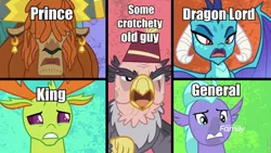 Size: 960x540 | Tagged: safe, derpibooru import, edit, screencap, grampa gruff, prince rutherford, princess ember, seaspray, thorax, changedling, changeling, classical hippogriff, dragon, gryphon, hippogriff, yak, school daze, blind eye, caption, discovery family logo, dragoness, eye scar, female, fez, hat, image macro, king thorax, meme, one of these things is not like the others, scar, split screen