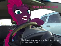 Size: 951x720 | Tagged: artist:lordspiffy, broken horn, car, censored, derpibooru import, driving, female, image macro, mare, meme, my little pony: the movie, open up your eyes, open up your *very* eyes, peeved, road rage, safe, solo, tempest shadow, unnecessary censorship
