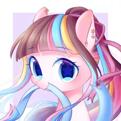 Size: 2000x2000 | Tagged: safe, artist:leafywind, derpibooru import, oc, oc:ribbon dancer, unofficial characters only, earth pony, pony, bust, ear piercing, female, looking at you, mare, mouth hold, multicolored hair, piercing, ribbon, solo, starry eyes, wingding eyes