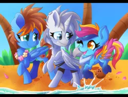 Size: 1600x1210 | Tagged: artist:blazemizu, beach, derpibooru import, oc, oc:blaze mizu, oc:lightning moon, oc:platinum steel, safe, trio