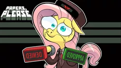 Size: 1280x720 | Tagged: safe, artist:hotdiggedydemon, derpibooru import, edit, fluttershy, pegasus, pony, anxiety, anxious, arstotzka, bipedal, clothes, crossover, equestotzka, female, floppy ears, glory to arstotzka, hoof hold, inspector, looking at you, mare, nervous, papers please, parody, solo, stamp, stamp of approval, uniform