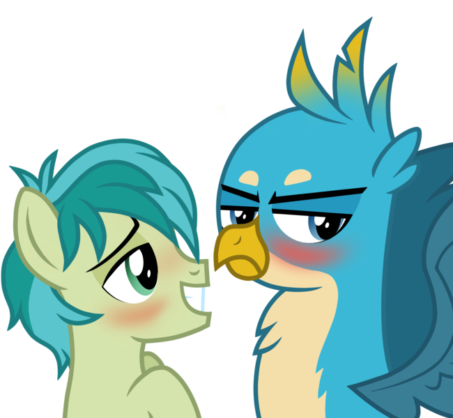 Size: 1474x1360 | Tagged: safe, artist:stellardusk, derpibooru import, gallus, sandbar, earth pony, gryphon, pony, school daze, bedroom eyes, blushing, gallbar, gay, interspecies, male, shipping, show accurate, simple background, transparent background, tsundere, vector